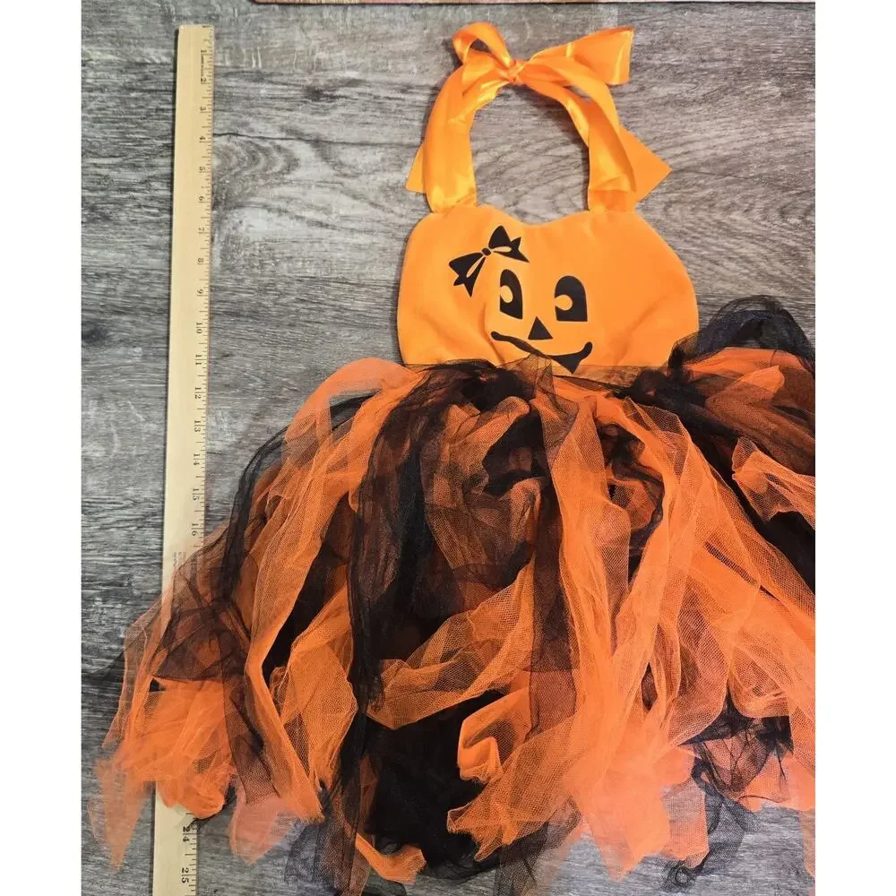 Halloween Costume Pumpkin‎ Dress Orange Black Tulle Skirt Dress Toddler M 3T ?